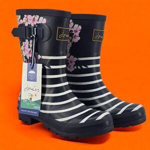 New Joules Rain Boots Mid Calf Molly Welly Stripe Floral Size US: 6 UK: 4‎